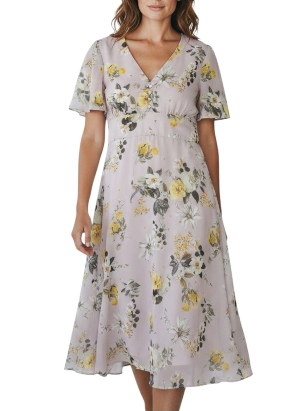 ALEXIA ADMOR Floral Flutter Sleeve A-Line Dress in Lavender/Yellow Size 10 NWT